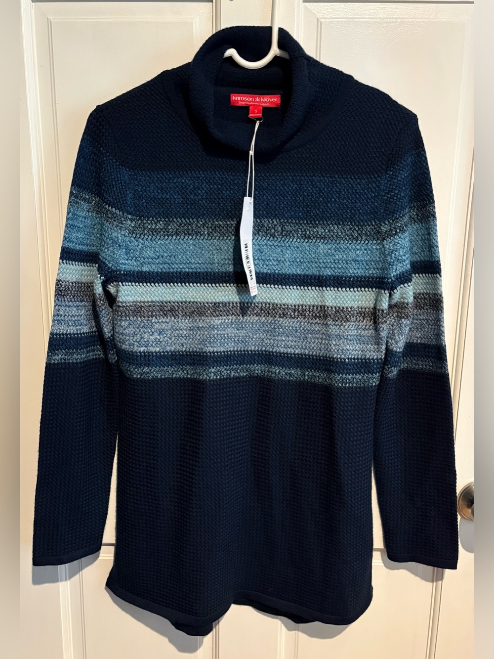 Krimson Klover Everlasting Sweater Tunic Size M Blue Striped Cowl Neck Long, NWT